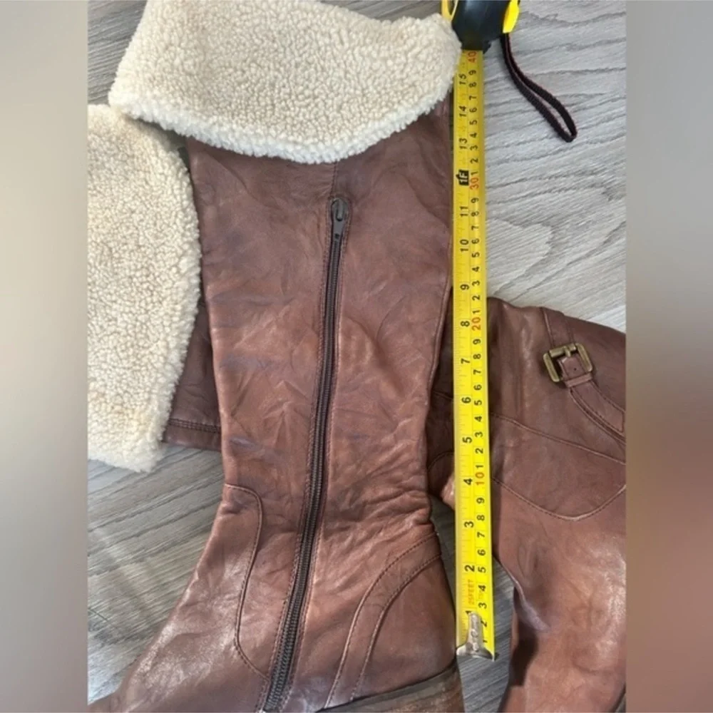 ✨Sam Edelman Kara Brown Tall Leather Boots with Cream Fur Lining worn 5x
